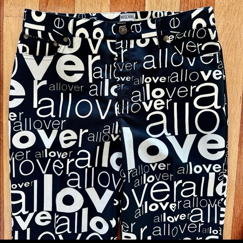 1990s MOSCHINO JEANS LOVE ALL OVER PANTS TROUSERS BLACK CREAM NANNY FINE US 12 - Picture 4 of 9